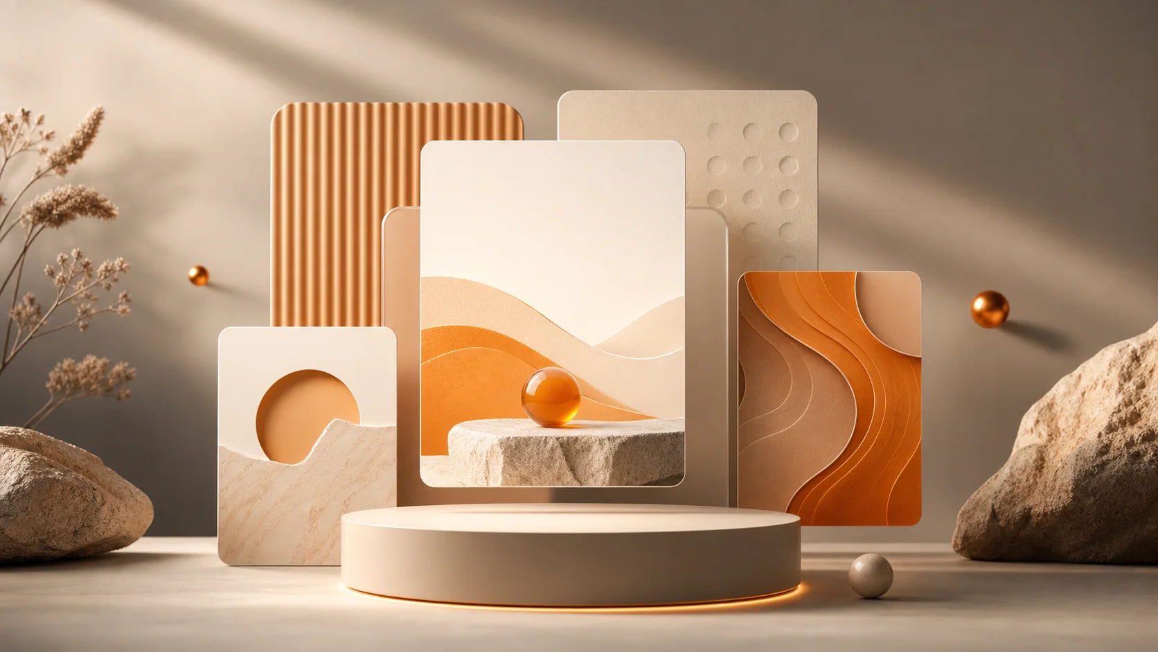 Warm abstract AI marketing image with layered campaign creative cards