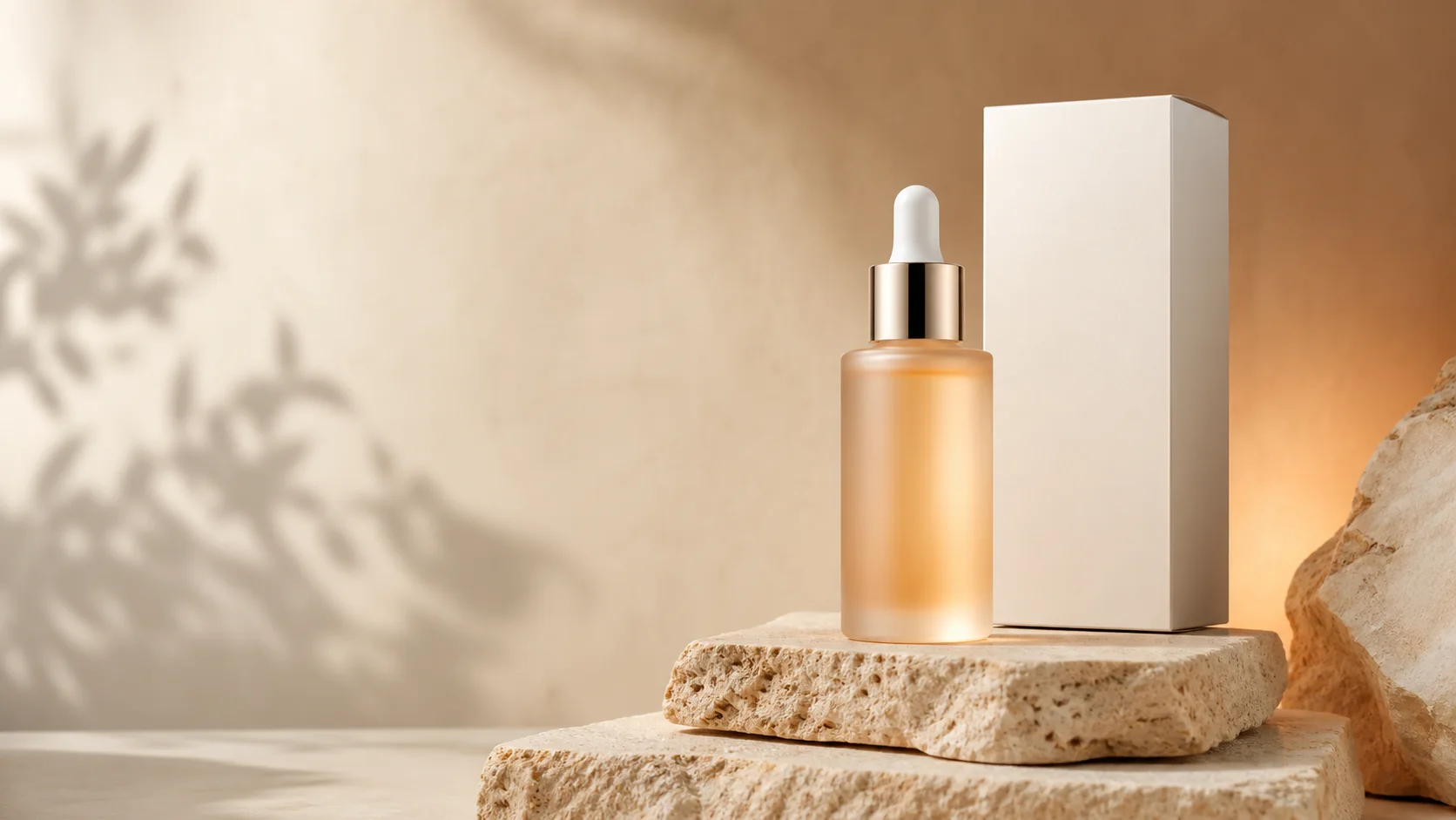 Premium AI product photo of a skincare bottle and box on warm stone blocks